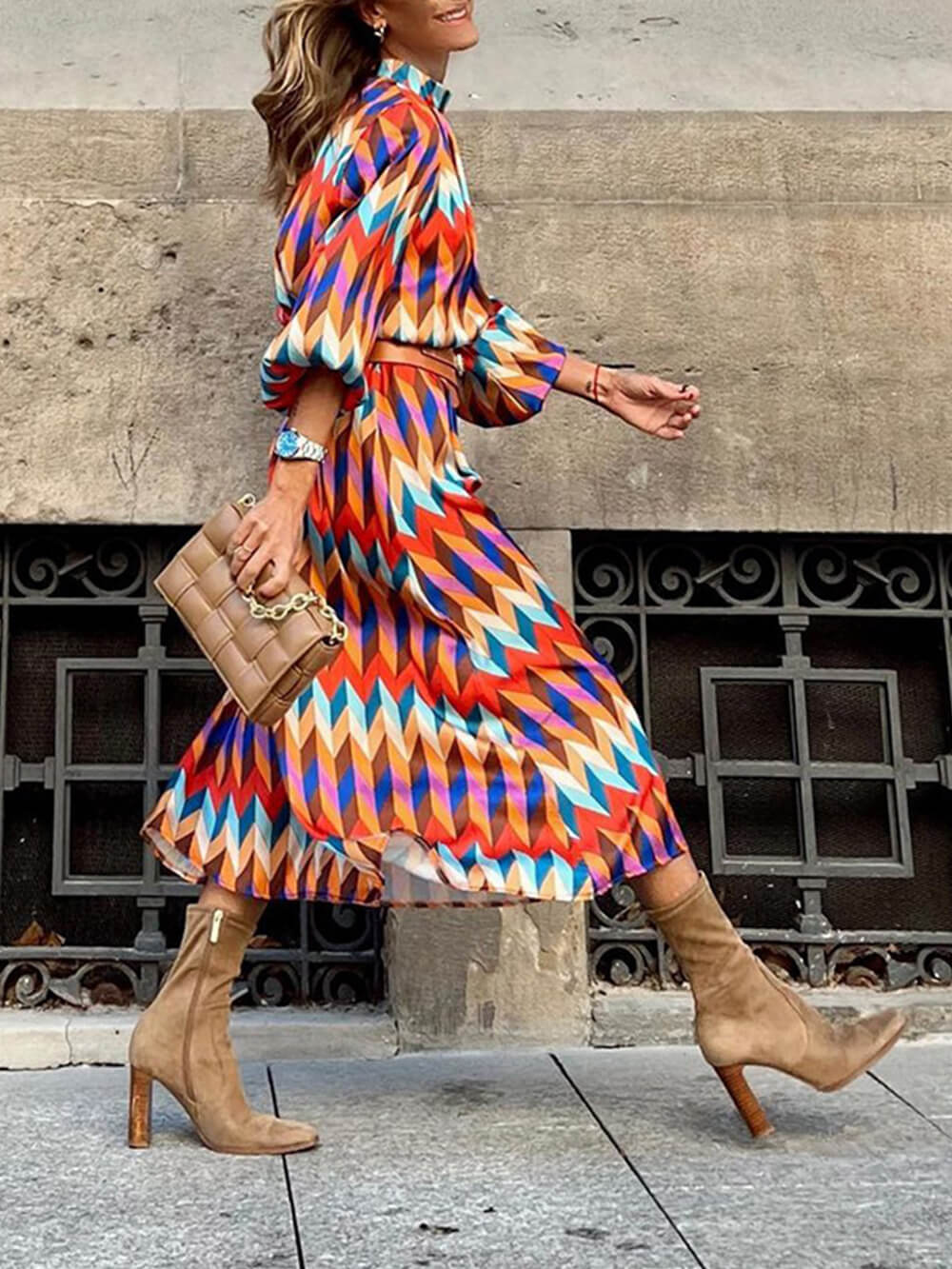 Elegant Stand Collar Mid Length Dress