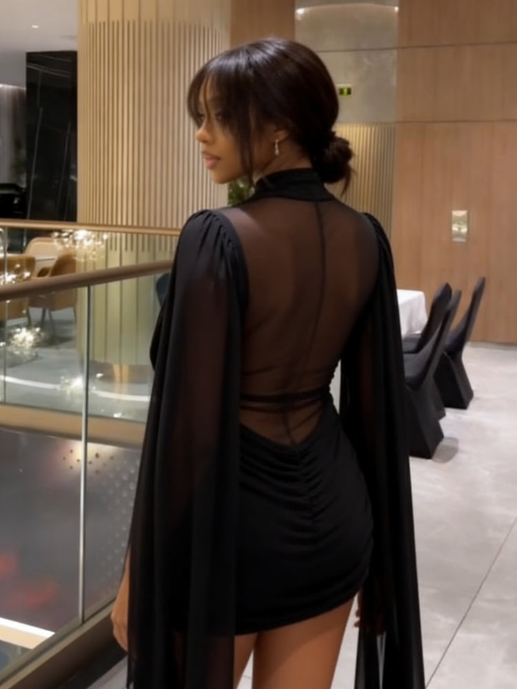 Black Sheer High-Neck Mini Dress with Cape Sleeves