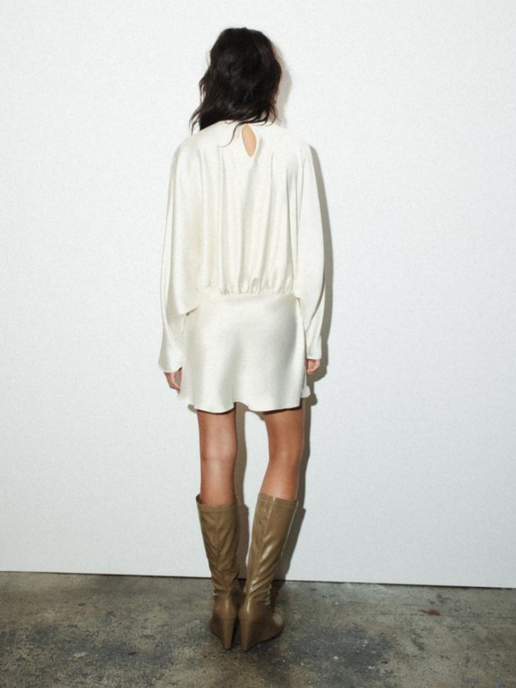 Beige Satin High-Neck Scarf-Back Mini Dress