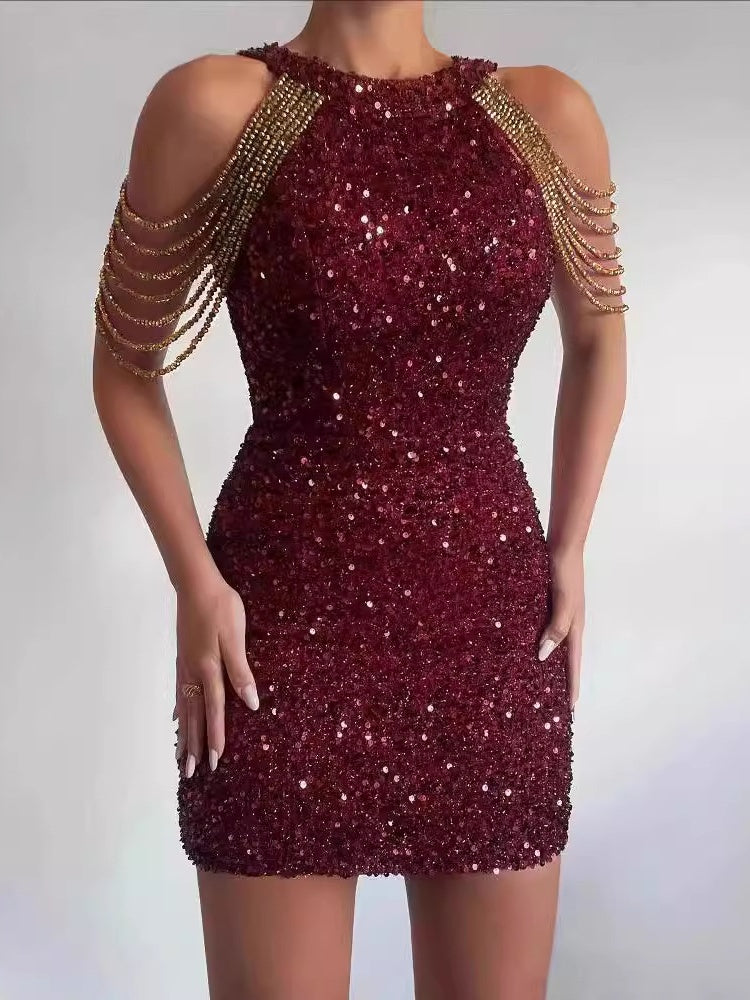 Crystal Chain Halter Sequin Gown