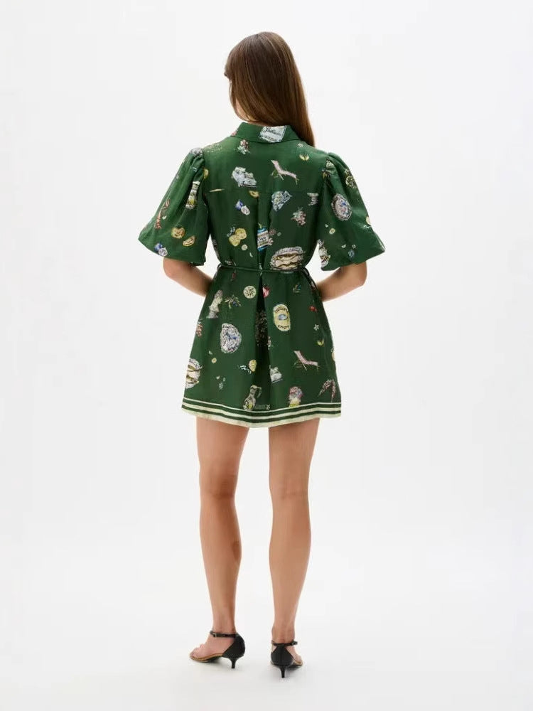 Elegant Puff Sleeve Mini-Green