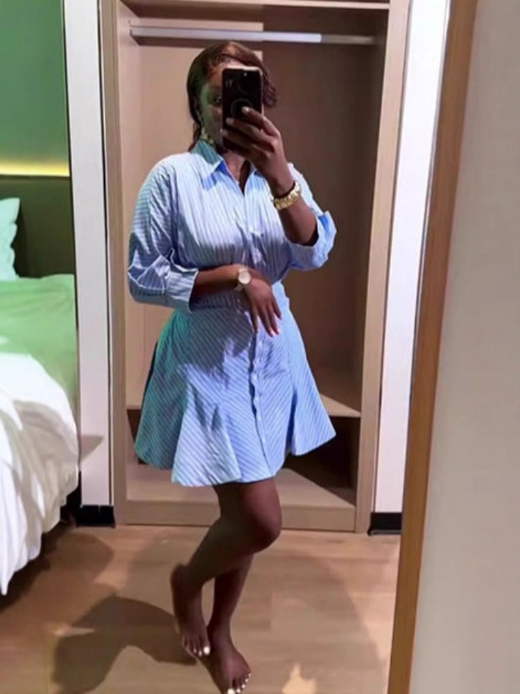 Summer Blue Stripe Shirt Mini Dress