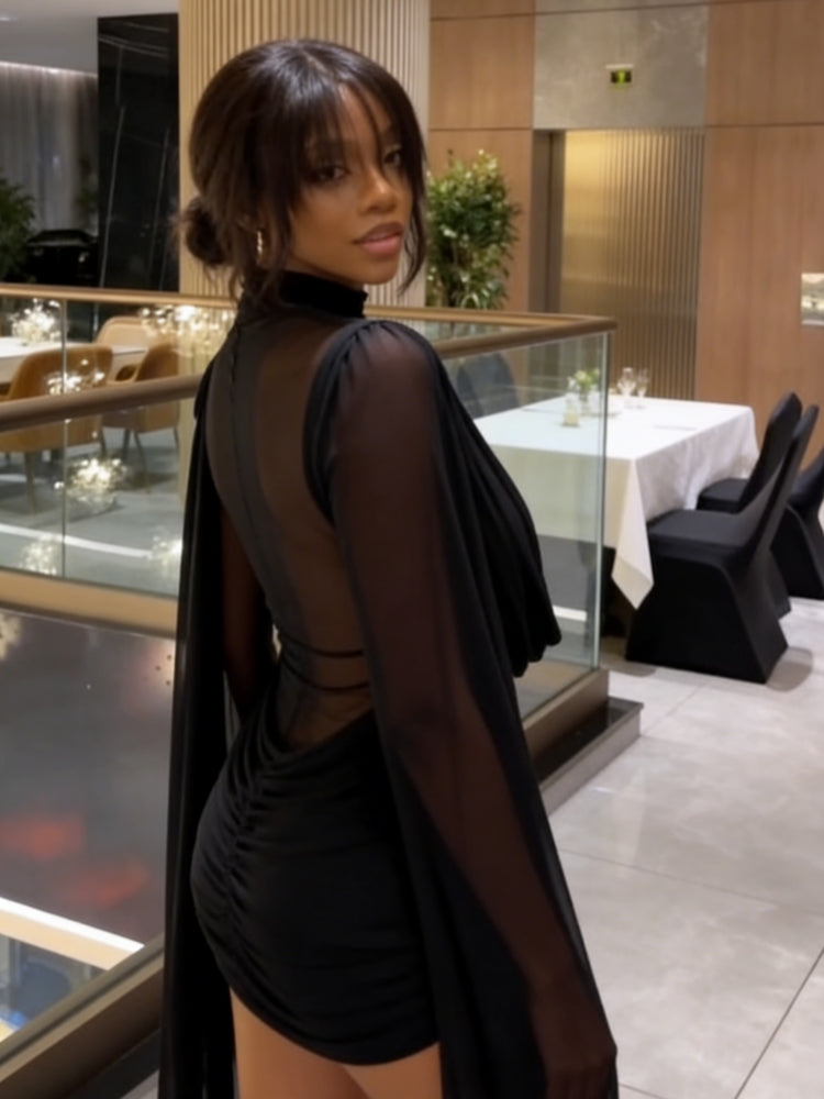 Black Sheer High-Neck Mini Dress with Cape Sleeves