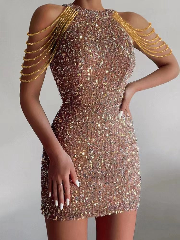 Crystal Chain Halter Sequin Gown