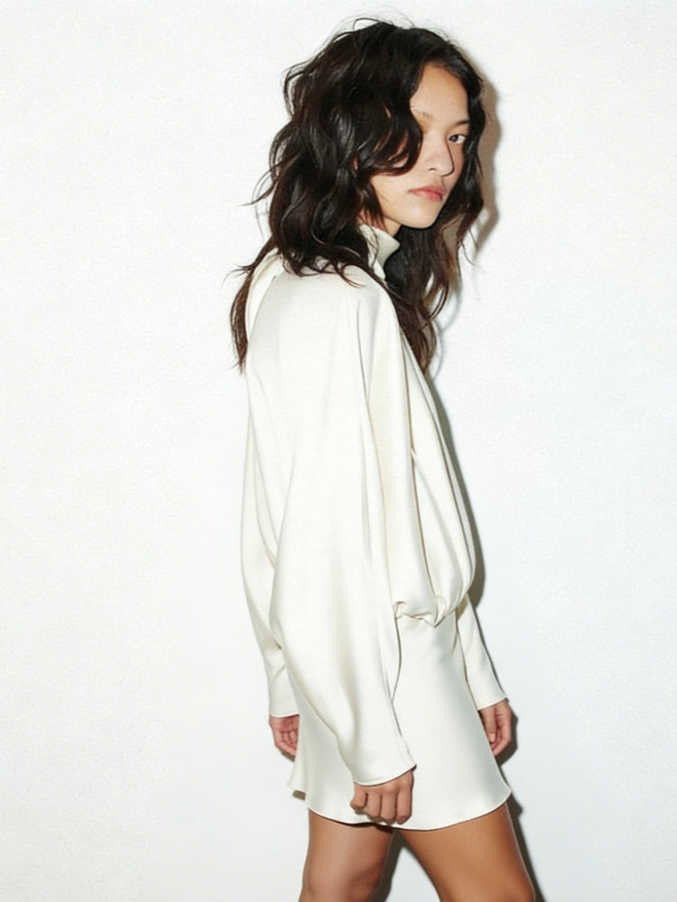 Beige Satin High-Neck Scarf-Back Mini Dress