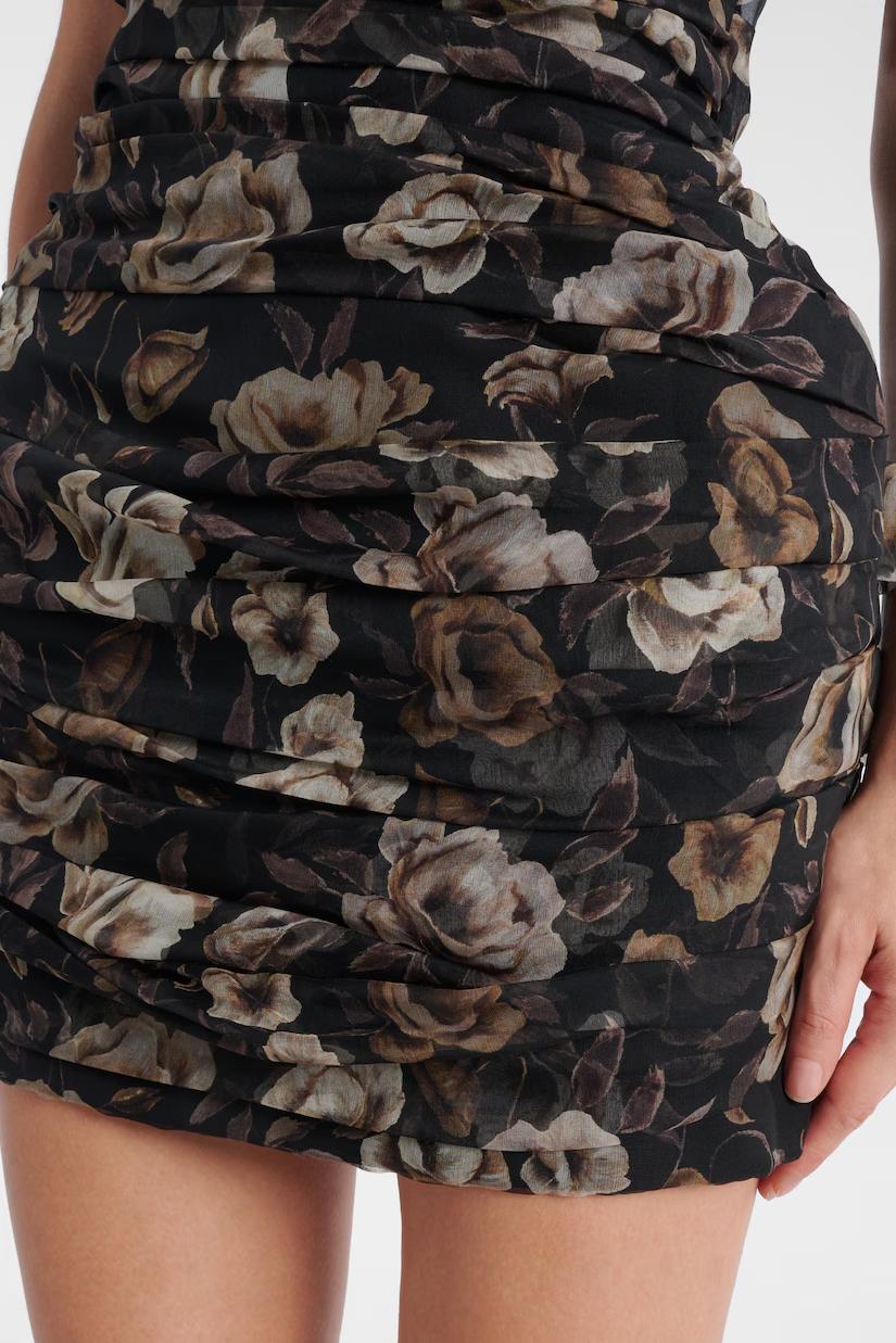 Floral Print Strapless Ruched Mini Dress