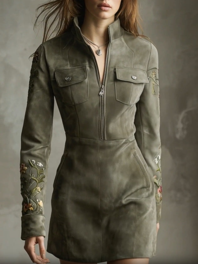 Green Embroidered Faux Suede Half-zip Mini Dress