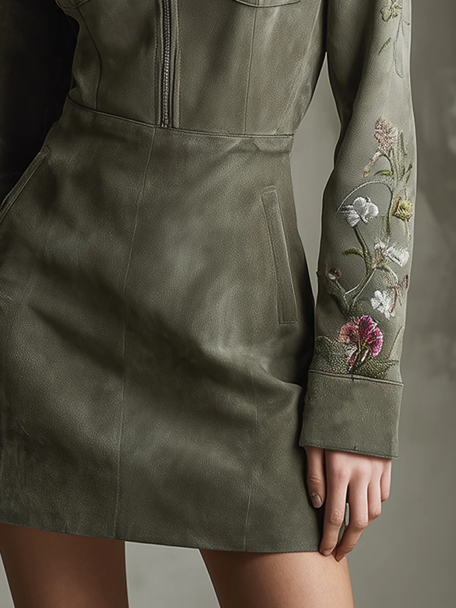 Green Embroidered Faux Suede Half-zip Mini Dress